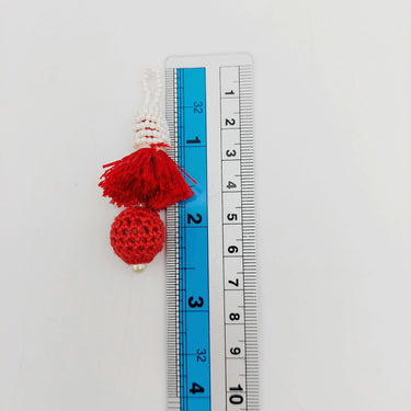 Red Crochet Ball Tassels With White Pearls Beads, Tassel Charms, Nylon Tassels x 2